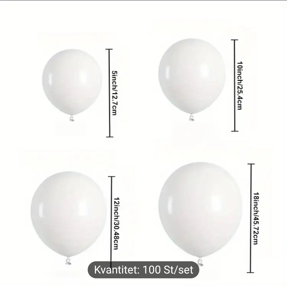100 ballongbågsatser med vita och metallballonger