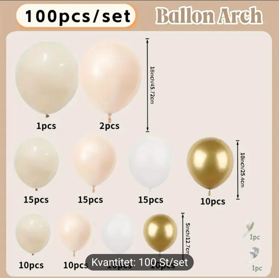 100 ballongbågsatser med vita och metallballonger