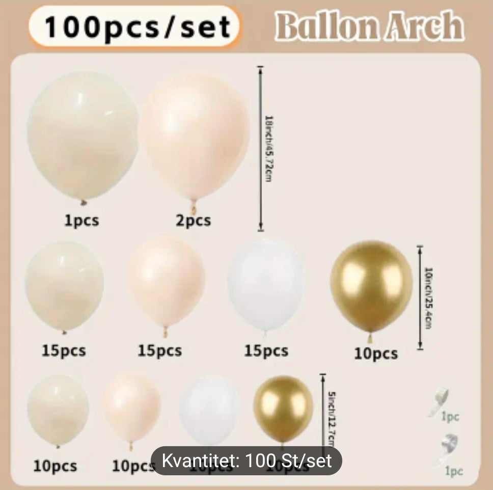 100 ballongbågsatser med vita och metallballonger