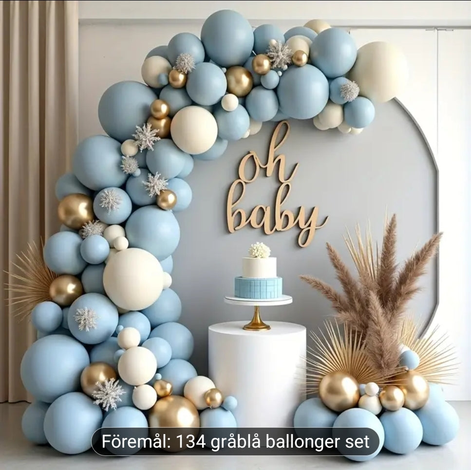 Kit 134 ljusblå sandvit mettalisk guld ballongbåge, födelsedag, baby shower